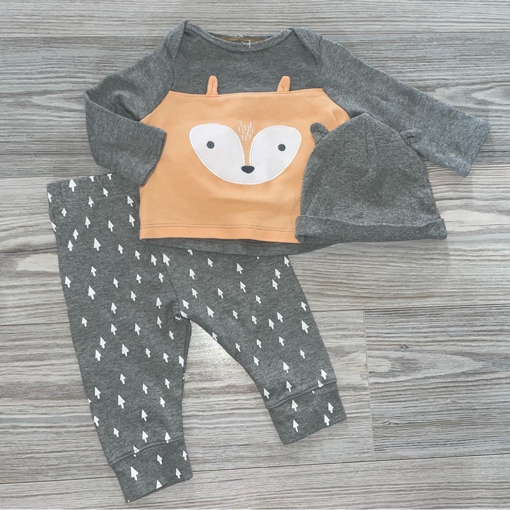 Cloud Island Baby Boys Three-Piece Outfit 0–3M Gray & Orange Fox Print
